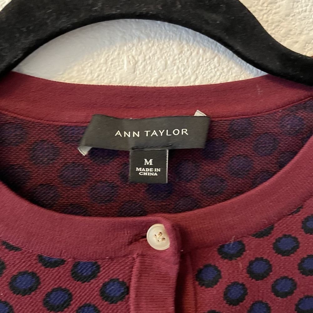 Ann Taylor Burgundy and Navy Polka Dot Cardigan - Picture 2 of 13